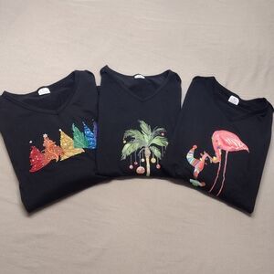 Set of Three Black Graphic Long Sleeve Holiday T-Shirts, XL